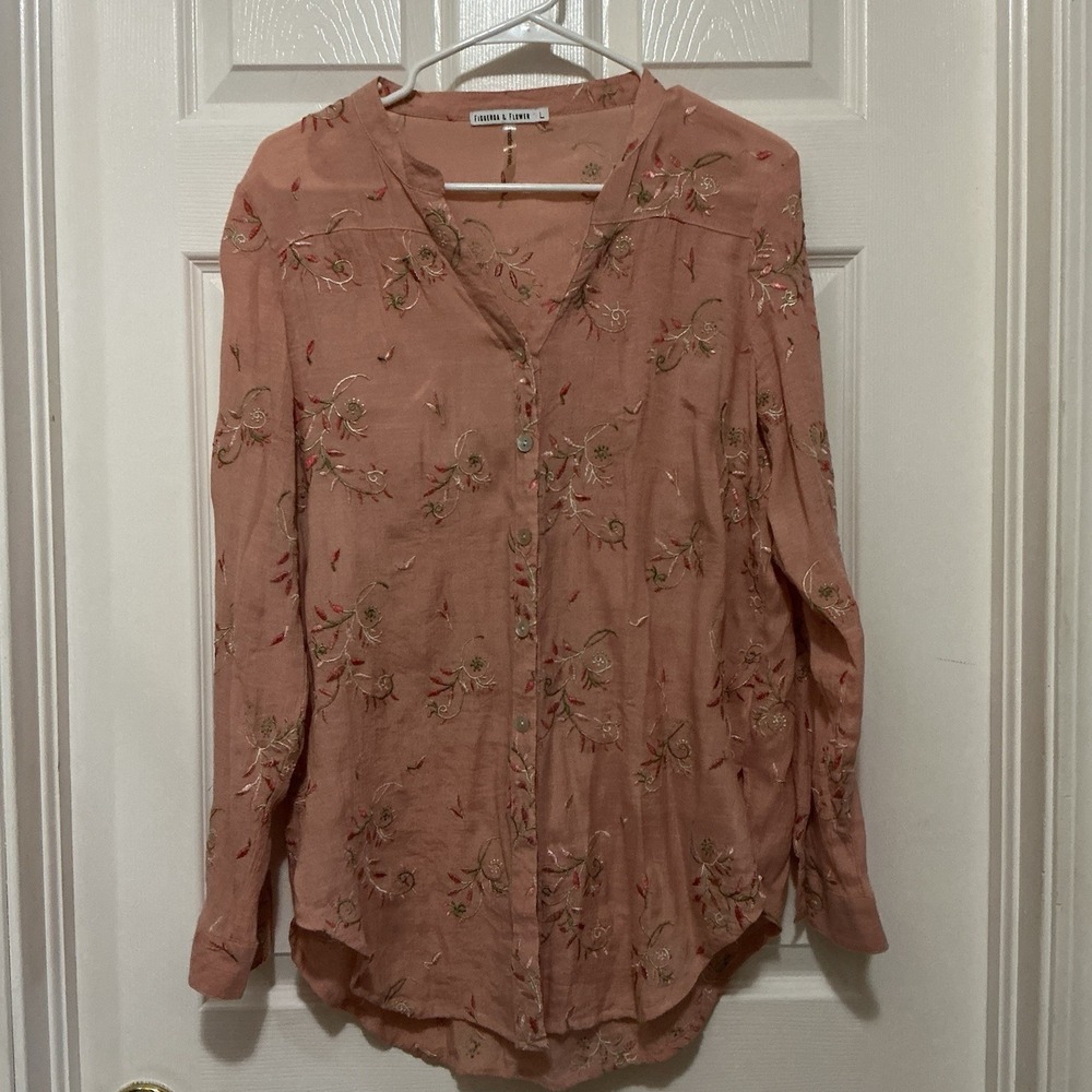 figueroa & flower blouse L Blush Gauze Embroidered BOHO PEASANT Roll Tab Sleeves